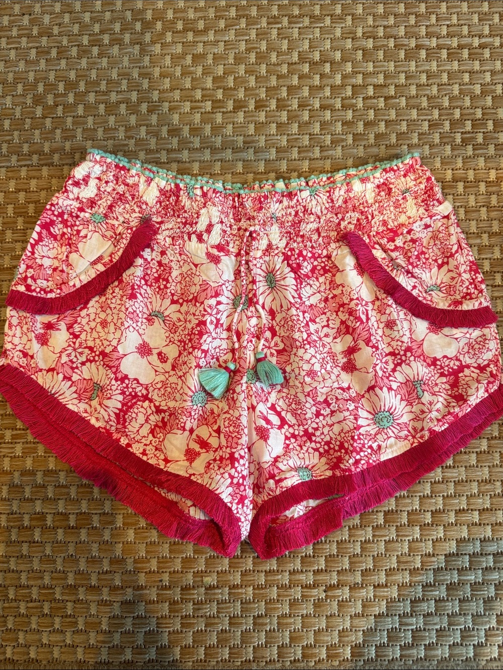 Poupette St. Barth Pink Floral Athletic Shorts with Mint Tassels
